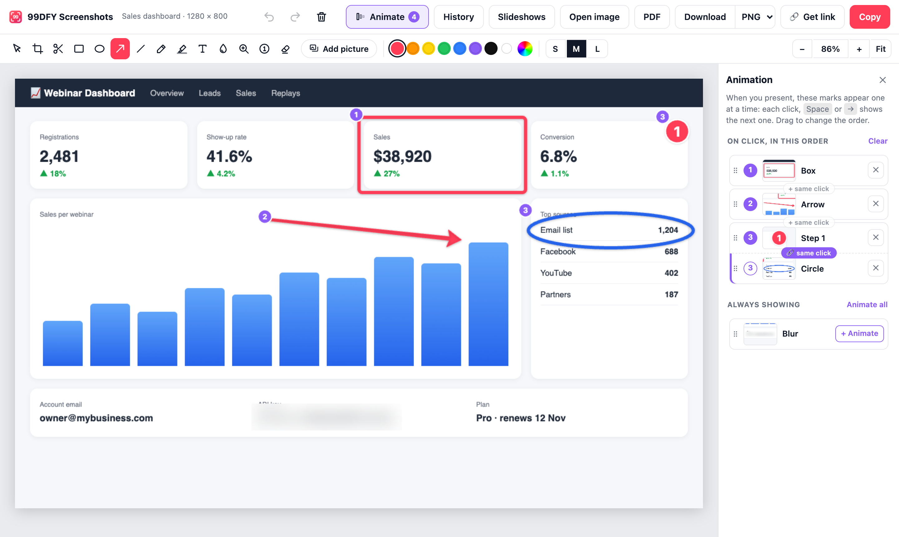 Animate panel listing marks in click order, with two marks on the same click