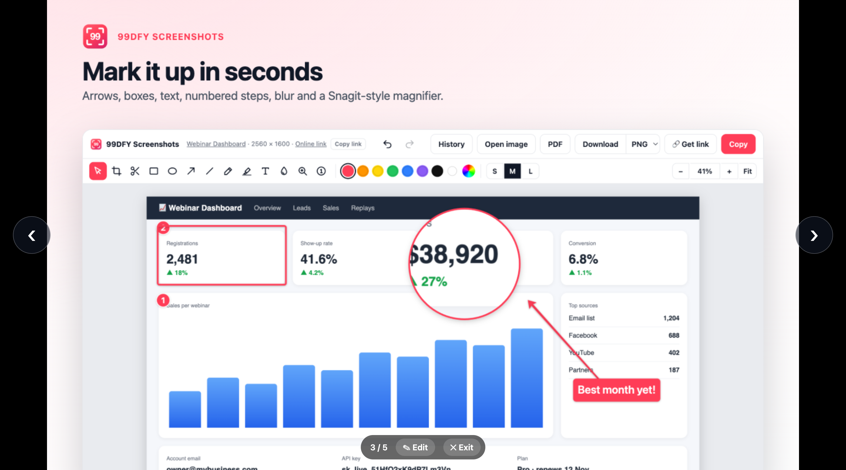 Full-screen presentation with arrows, slide counter and Edit button