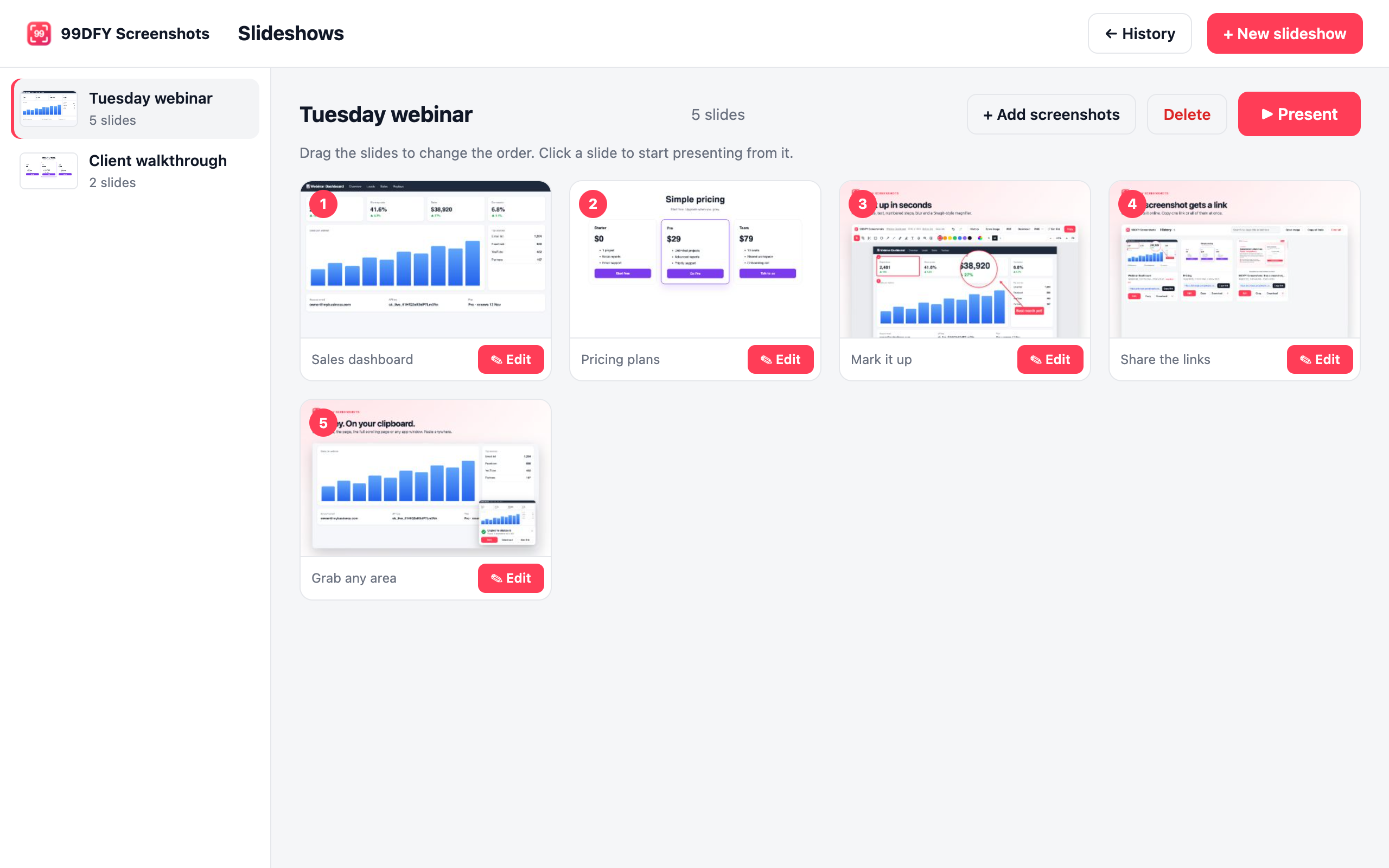 Slideshows page with numbered slides you can drag into order